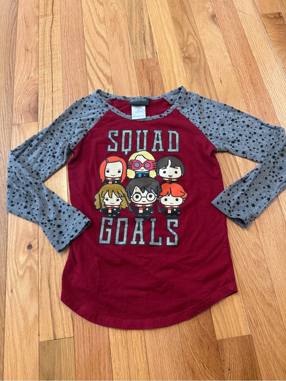 Harry Potter Kids Raglan Top in Maroon with Gray Star Sleeves